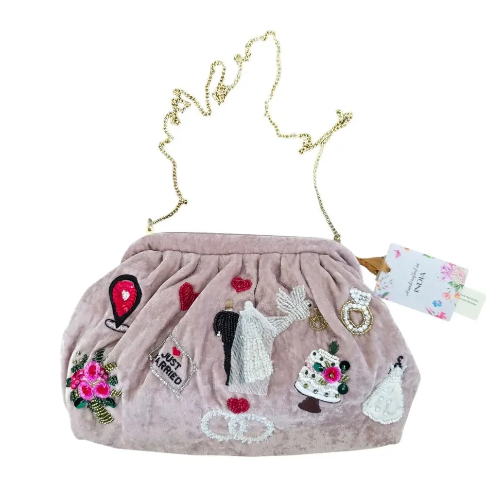 Boutique Mauve Pink Just Married Crossbody Clutch Bag with Sequins & Rhinestones